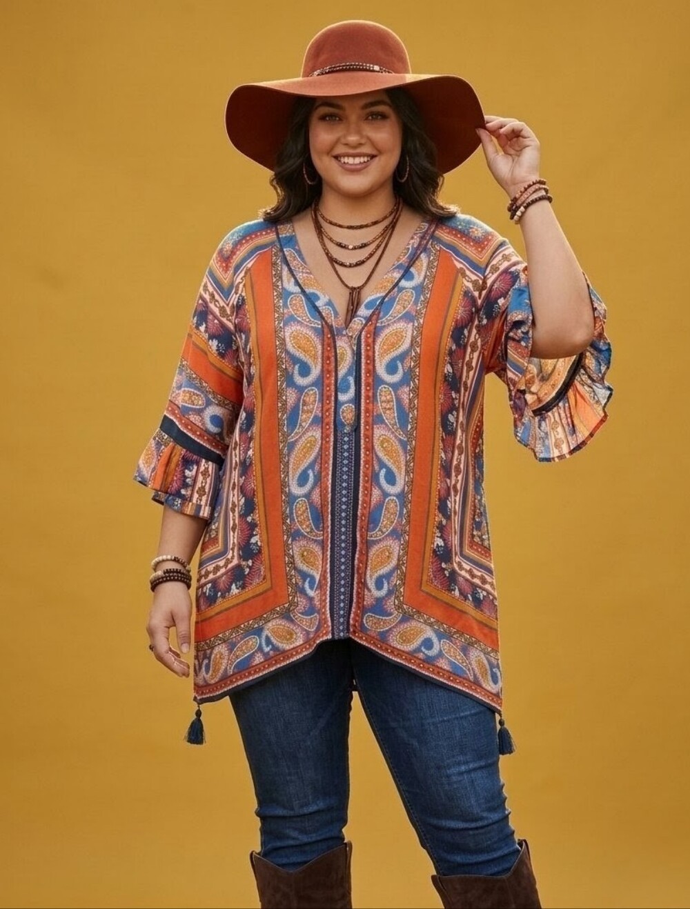 Democracy XL Boho Paisley Tunic Top | Tassel Hem | 3-Button Front | Rayon
